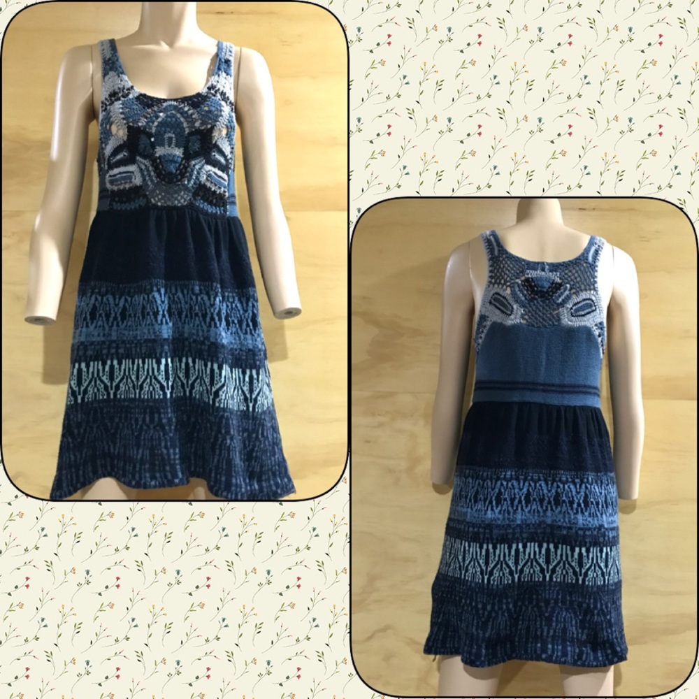 Free People Crochet Sweater Tunic Mini Blue